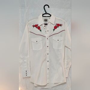 FLY CATTLEMAN VINTAGE White Western Shirt with Red Rose Embroidery